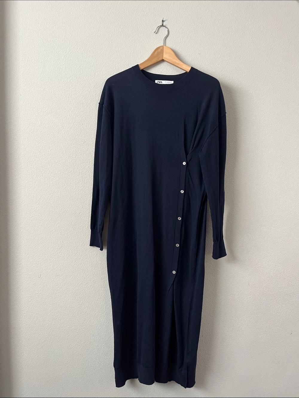 Zara Dark Navy Long-Sleeve Side-Button Knit Sweater Dress M